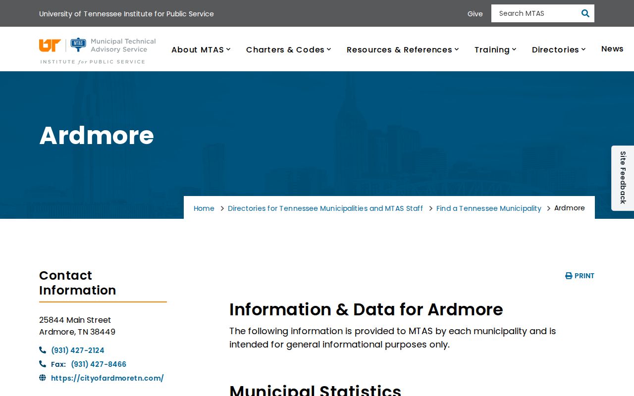 MTAS Ardmore municipal directory with police and court contacts