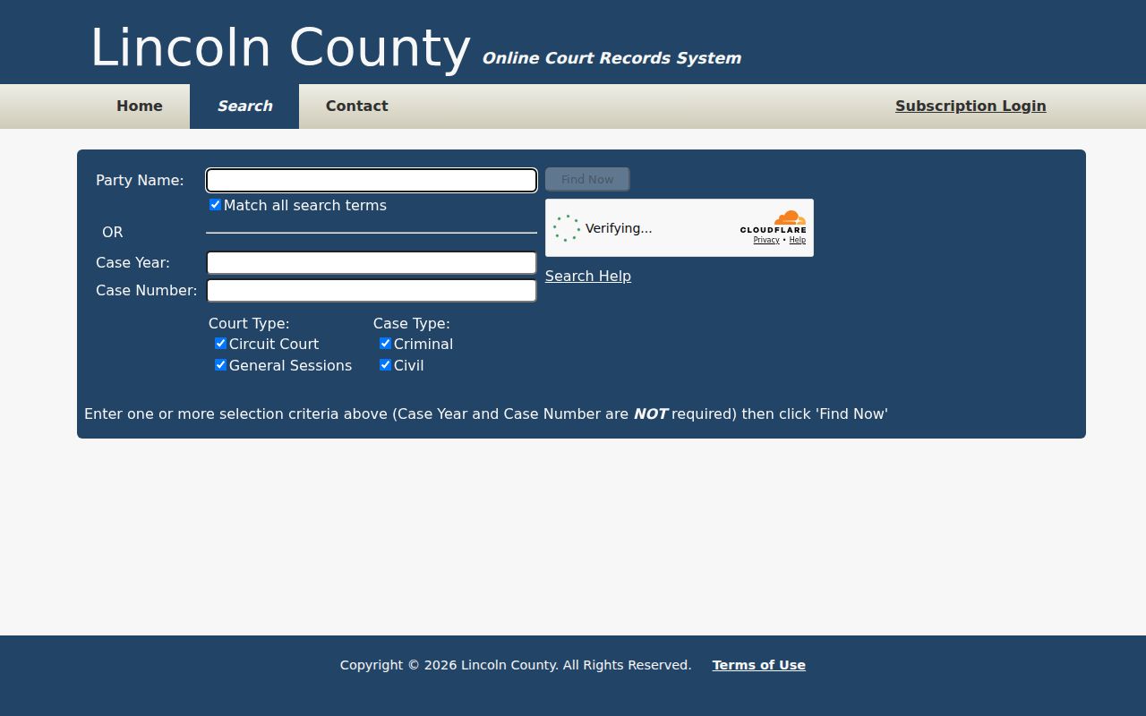 Lincoln County criminal court case public search interface