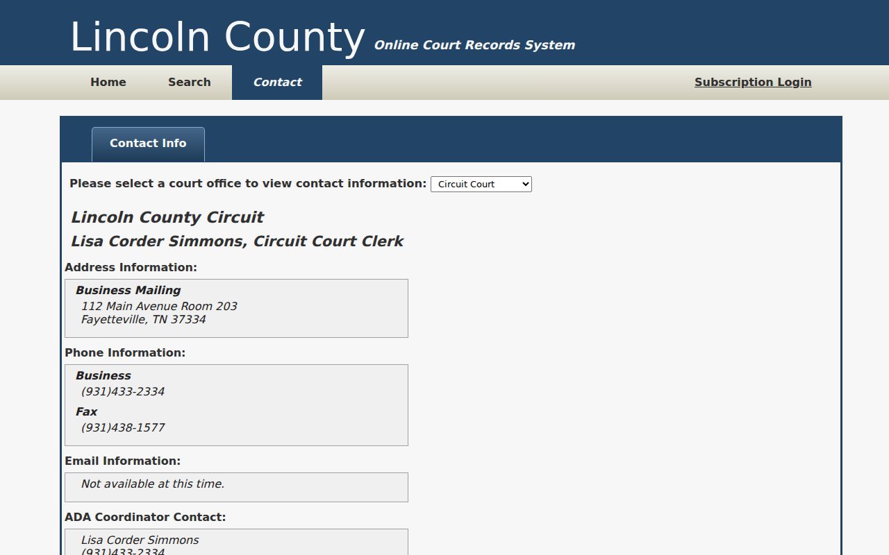 Lincoln County criminal court case clerk contact page