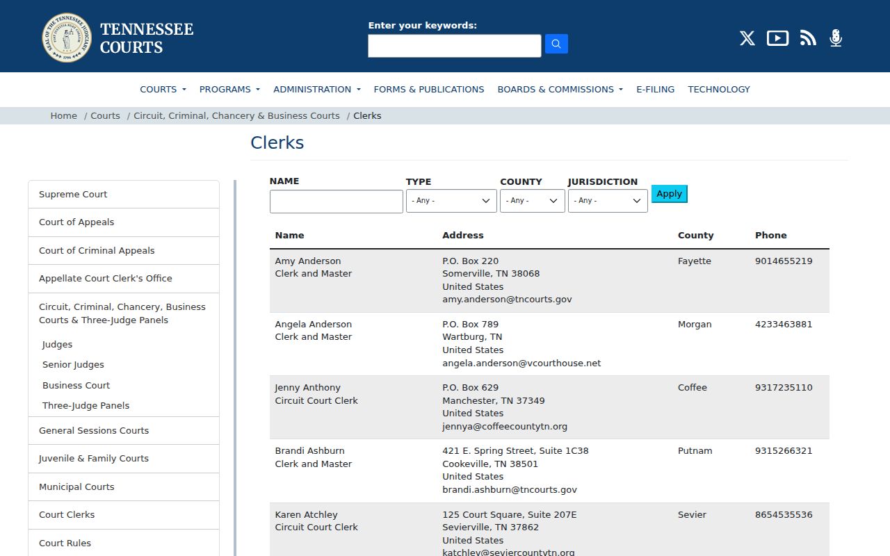 Lincoln County criminal court case clerk directory