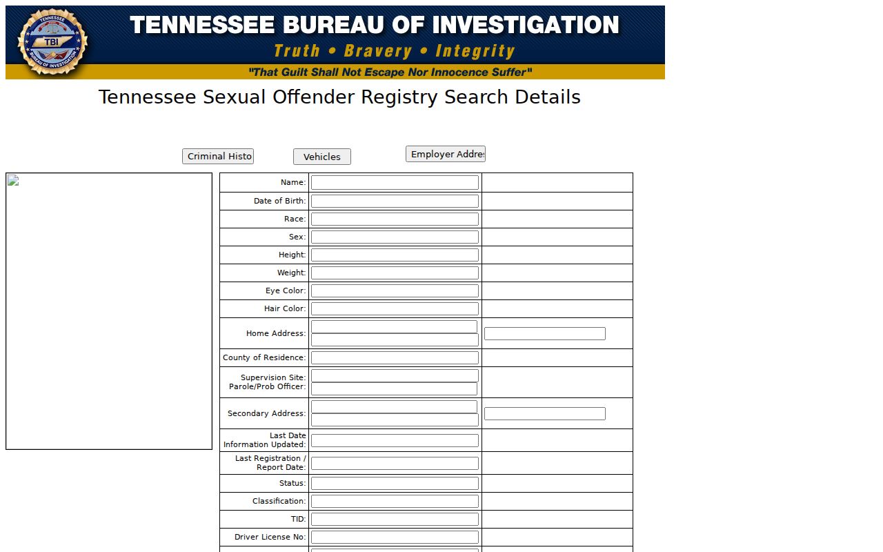 TBI registry profile fields available in a Lincoln County offender record