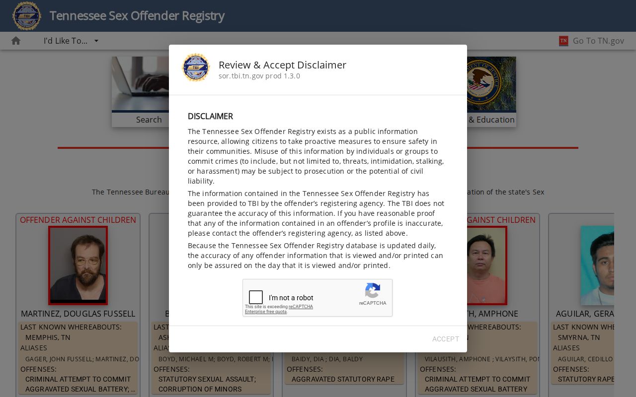 Tennessee Sexual Offender Registry search interface used for Lincoln County