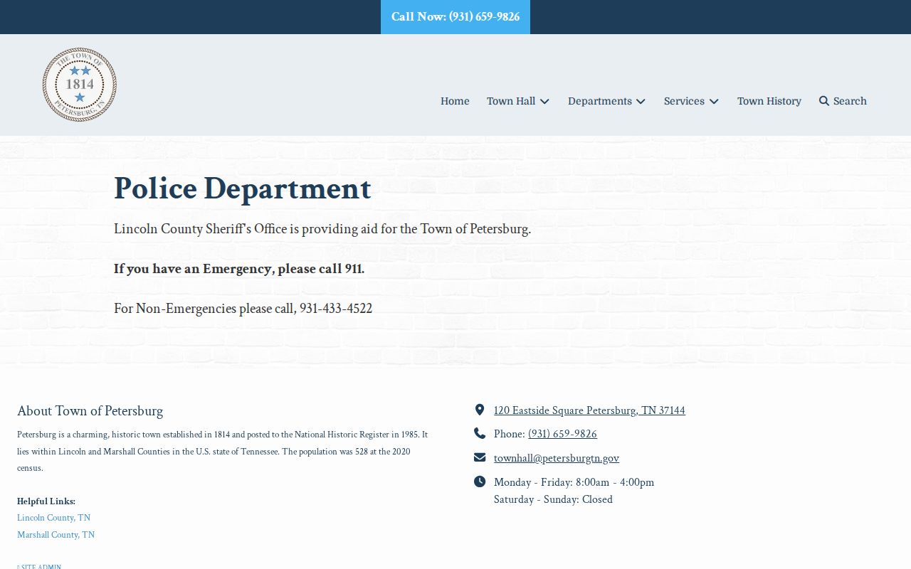 Petersburg official police page stating Lincoln County sheriff aid